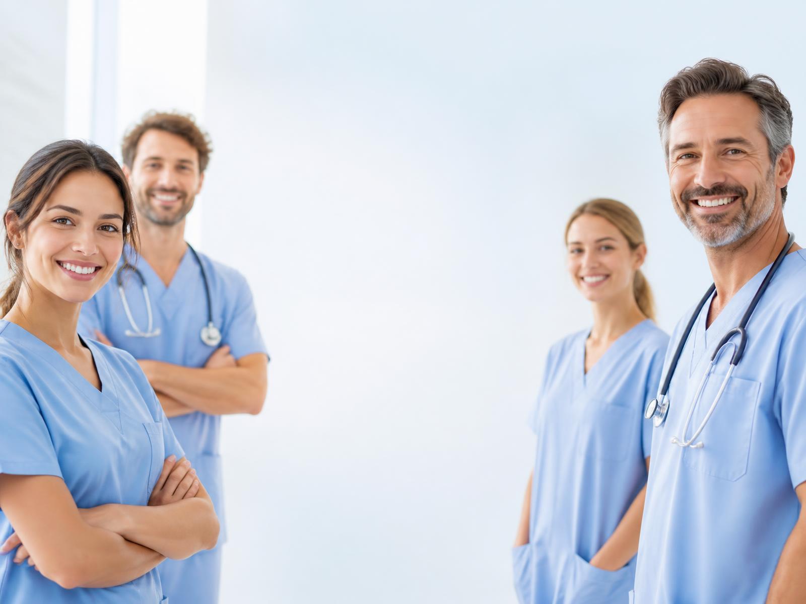 Profesionales de la salud con uniformes celestes